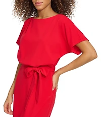 Kensie Textured Knit Boat Neck Self-Tie Waist Faux Wrap Blouson Dress