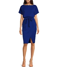 Kensie Textured Knit Boat Neck Self-Tie Waist Faux Wrap Blouson Dress