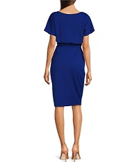 Kensie Textured Knit Boat Neck Self-Tie Waist Faux Wrap Blouson Dress