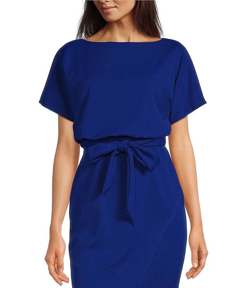 Kensie Textured Knit Boat Neck Self-Tie Waist Faux Wrap Blouson Dress
