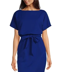 Kensie Textured Knit Boat Neck Self-Tie Waist Faux Wrap Blouson Dress