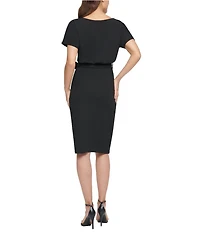 Kensie Textured Knit Boat Neck Self-Tie Waist Faux Wrap Blouson Dress