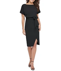 Kensie Textured Knit Boat Neck Self-Tie Waist Faux Wrap Blouson Dress