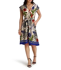Kensie V Neck Palm Print Short Sleeve Midi Dress