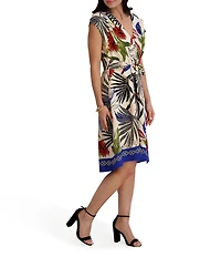 Kensie V Neck Palm Print Short Sleeve Midi Dress