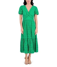 Kensie V-neck Short Sleeve Twist Front Flounce Hem Cotton Eyelet A-Line Midi Dress