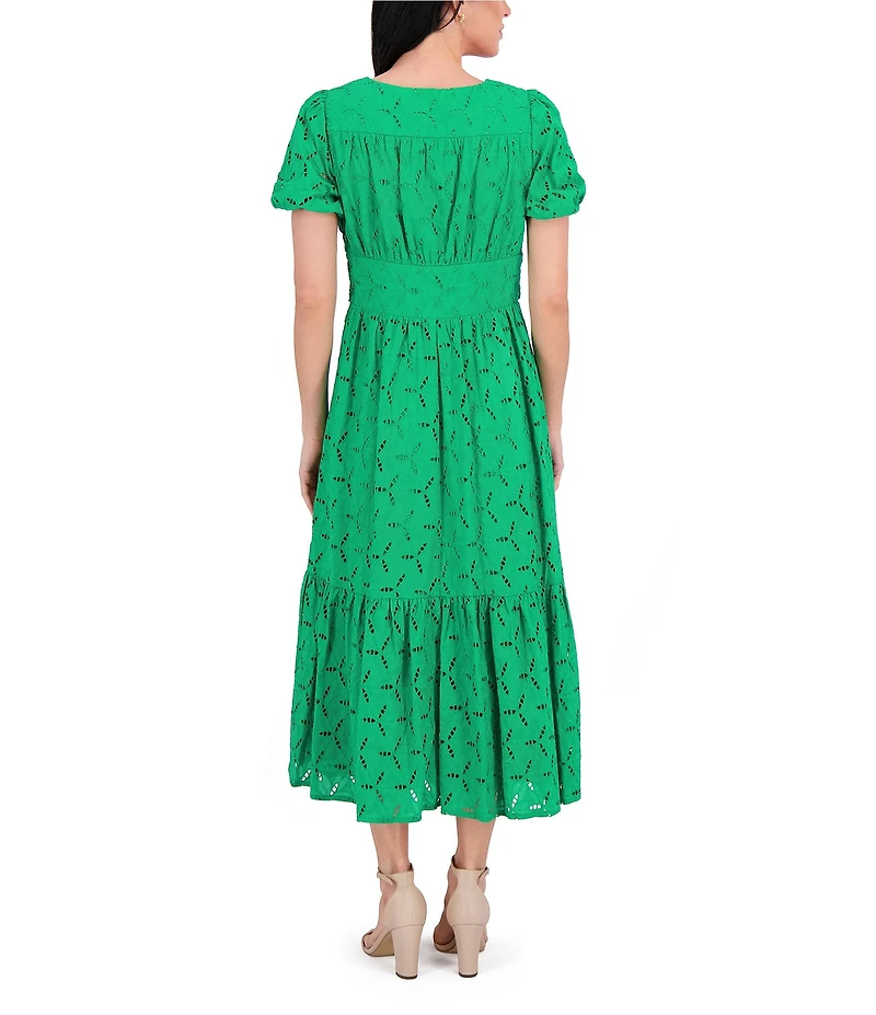 Kensie V-neck Short Sleeve Twist Front Flounce Hem Cotton Eyelet A-Line Midi Dress