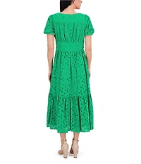 Kensie V-neck Short Sleeve Twist Front Flounce Hem Cotton Eyelet A-Line Midi Dress