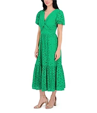 Kensie V-neck Short Sleeve Twist Front Flounce Hem Cotton Eyelet A-Line Midi Dress