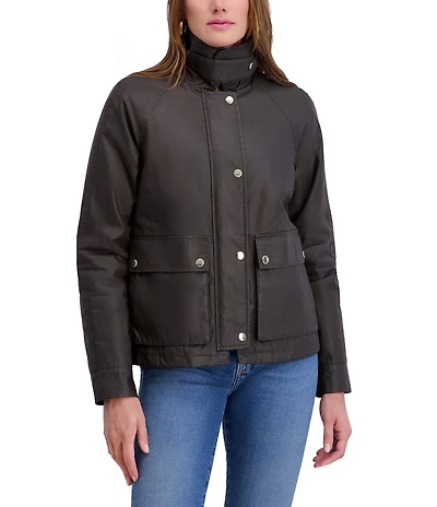 Kensie Waxed Cotton Corduroy Collar Long Sleeves Gold Accent Water Resistant Snap Front Peacoat