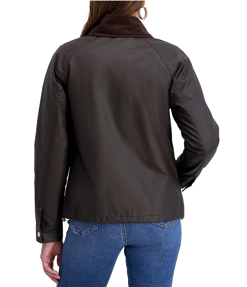 Kensie Waxed Cotton Corduroy Collar Long Sleeves Gold Accent Water Resistant Snap Front Peacoat