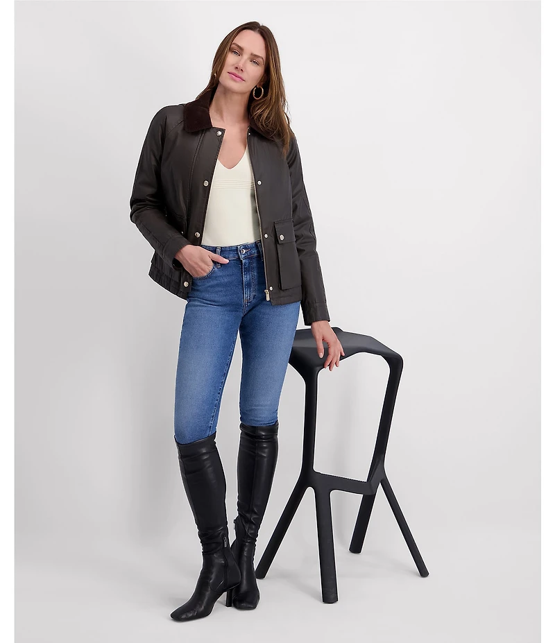 Kensie Waxed Cotton Corduroy Collar Long Sleeves Gold Accent Water Resistant Snap Front Peacoat