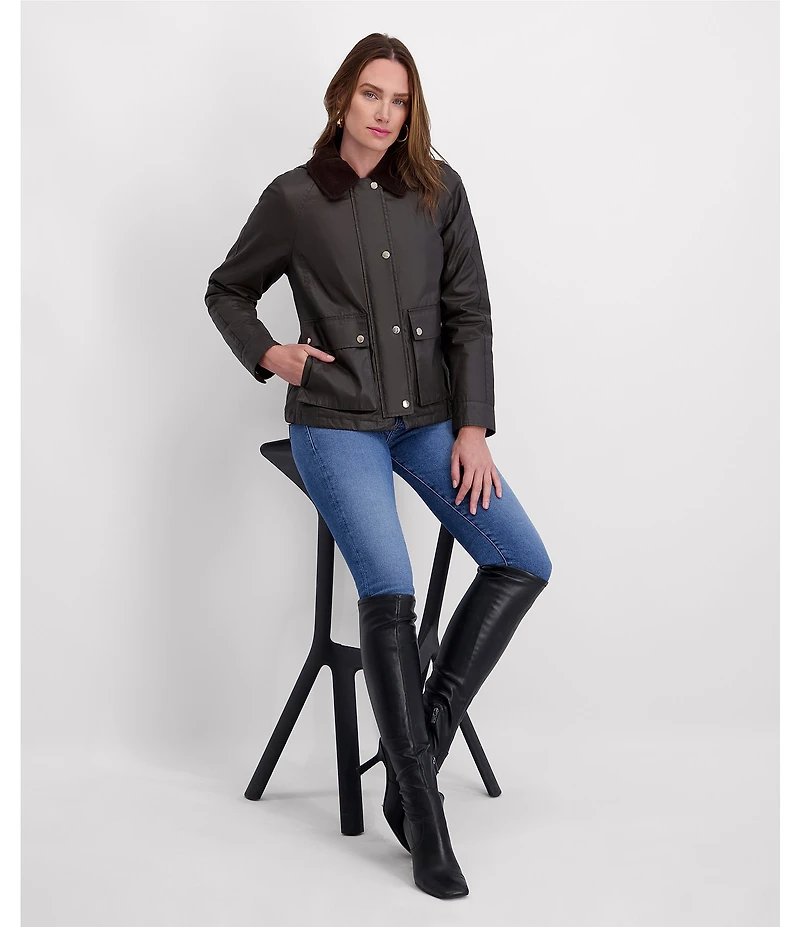 Kensie Waxed Cotton Corduroy Collar Long Sleeves Gold Accent Water Resistant Snap Front Peacoat