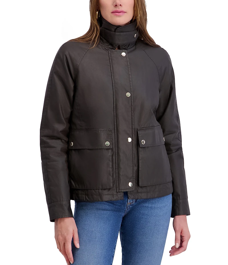 Kensie Waxed Cotton Corduroy Collar Long Sleeves Gold Accent Water Resistant Snap Front Peacoat