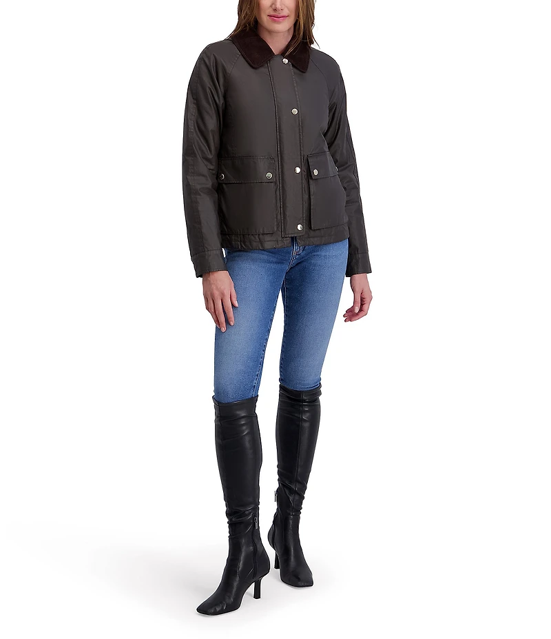 Kensie Waxed Cotton Corduroy Collar Long Sleeves Gold Accent Water Resistant Snap Front Peacoat