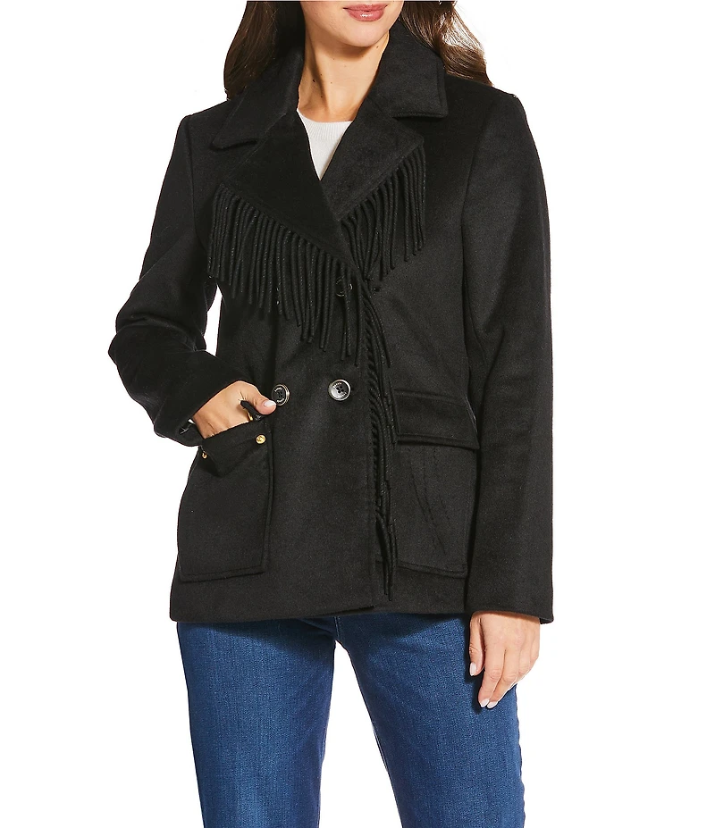 Kensie Wool Blend Notch Collar Fringe Button Front Peacoat