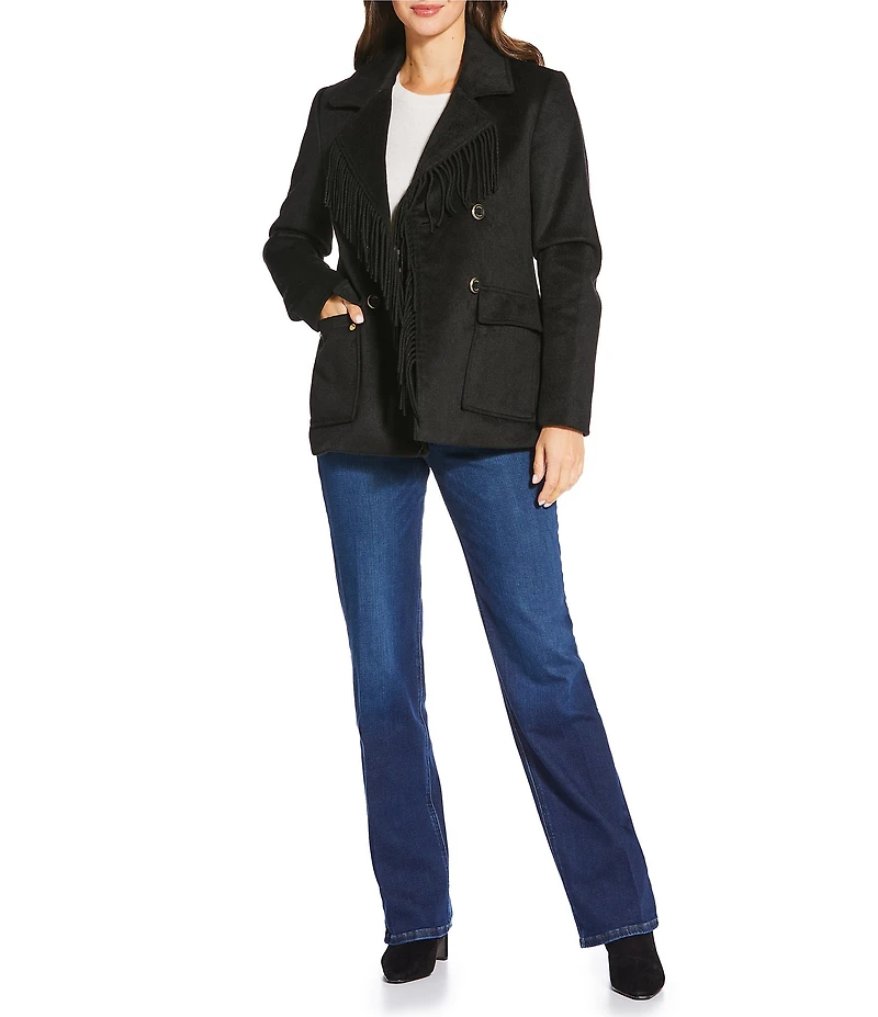 Kensie Wool Blend Notch Collar Fringe Button Front Peacoat