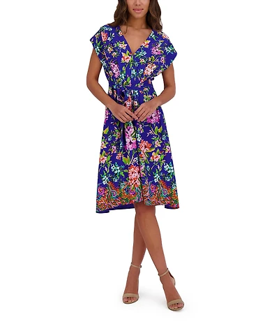 Kensie Woven Floral Print V-Neck Short Sleeve A-Line Dress