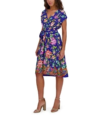Kensie Woven Floral Print V-Neck Short Sleeve A-Line Dress