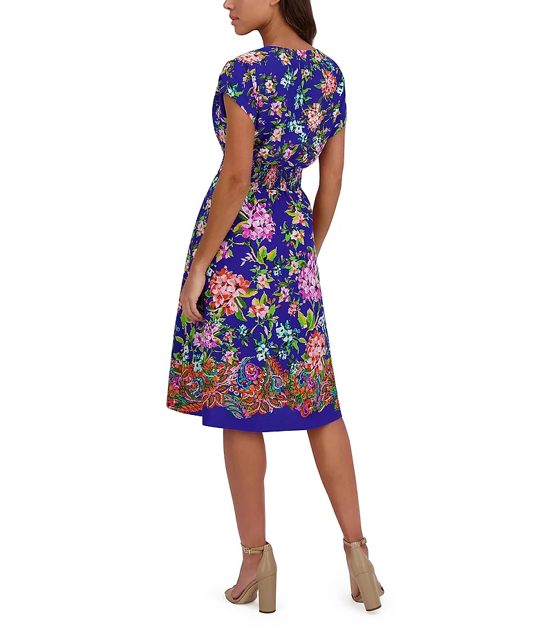 Kensie Woven Floral Print V-Neck Short Sleeve A-Line Dress