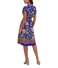Kensie Woven Floral Print V-Neck Short Sleeve A-Line Dress