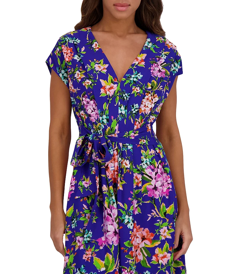 Kensie Woven Floral Print V-Neck Short Sleeve A-Line Dress