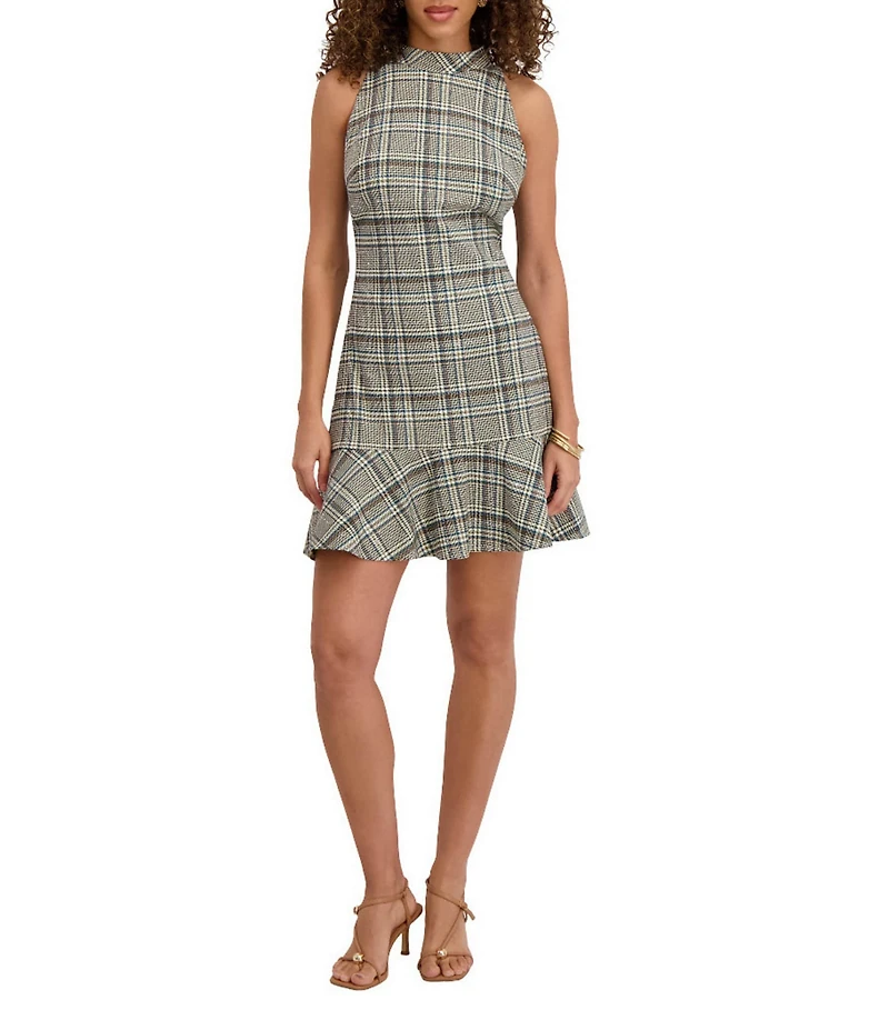 Kensie Woven Sleeveless Crew Neck Plaid Ruffled Dress