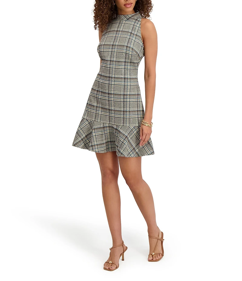 Kensie Woven Sleeveless Crew Neck Plaid Ruffled Dress