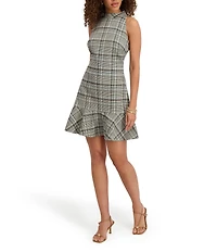 Kensie Woven Sleeveless Crew Neck Plaid Ruffled Dress
