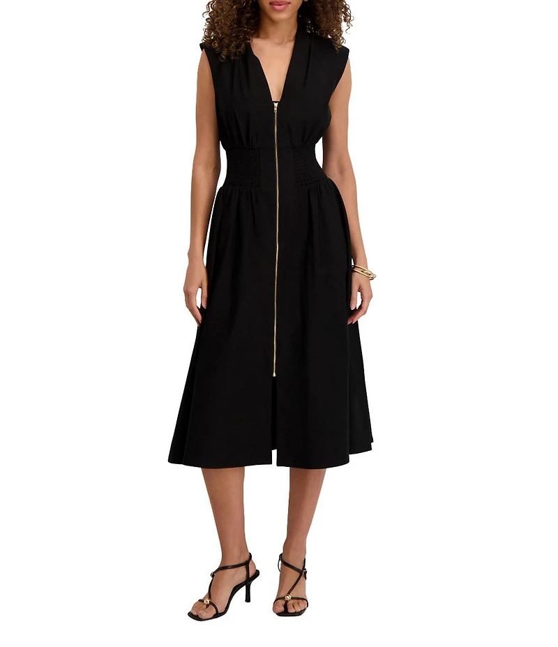 Kensie Woven V-Neck Sleeveless Zip Up Smocked Midi Dress