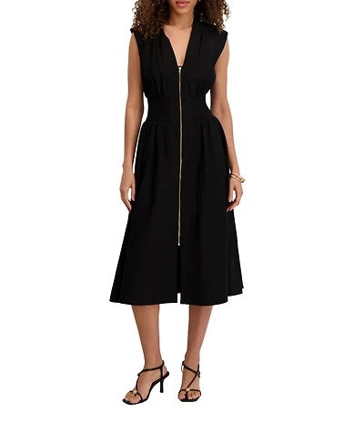 Kensie Woven V-Neck Sleeveless Zip Up Smocked Midi Dress