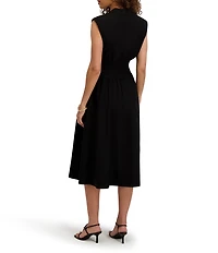 Kensie Woven V-Neck Sleeveless Zip Up Smocked Midi Dress
