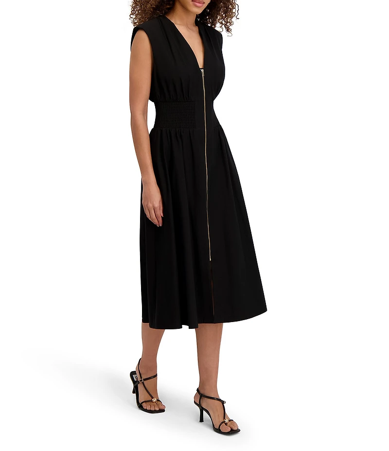 Kensie Woven V-Neck Sleeveless Zip Up Smocked Midi Dress