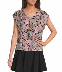 Kinesis Floral Print V-Neck Short Sleeve Shirred Shoulder Top