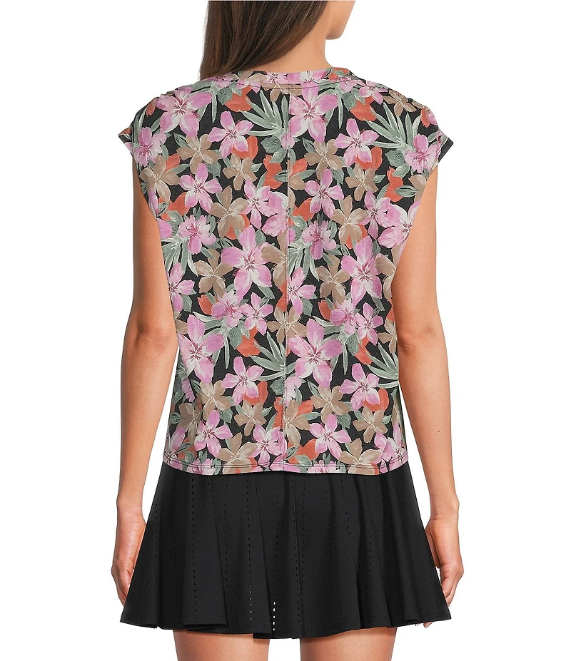 Kinesis Floral Print V-Neck Short Sleeve Shirred Shoulder Top