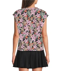 Kinesis Floral Print V-Neck Short Sleeve Shirred Shoulder Top