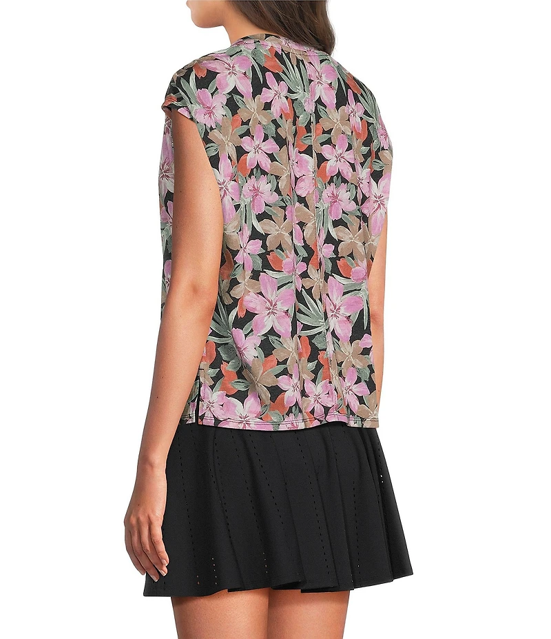 Kinesis Floral Print V-Neck Short Sleeve Shirred Shoulder Top