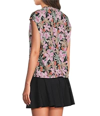 Kinesis Floral Print V-Neck Short Sleeve Shirred Shoulder Top