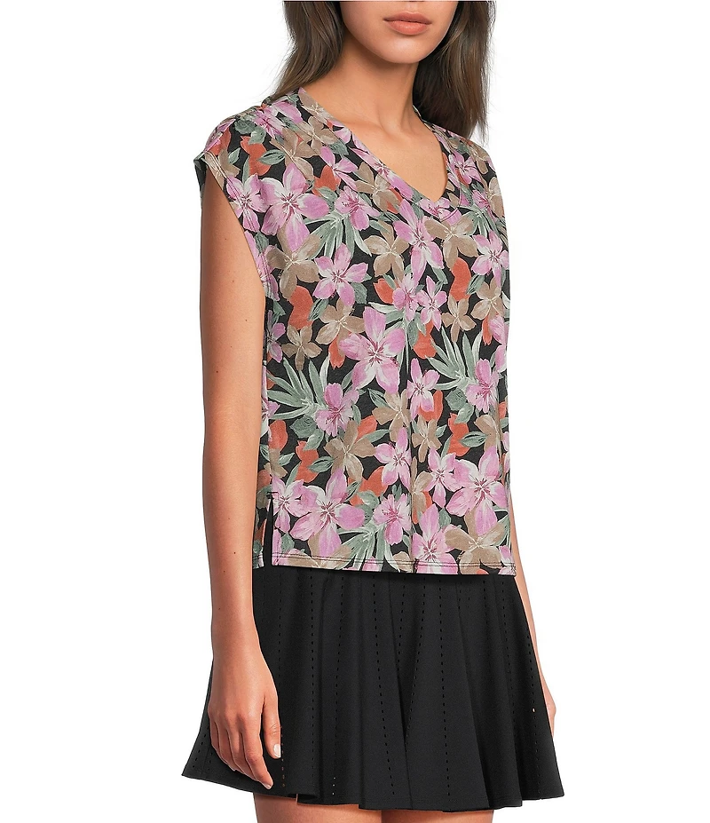 Kinesis Floral Print V-Neck Short Sleeve Shirred Shoulder Top