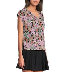 Kinesis Floral Print V-Neck Short Sleeve Shirred Shoulder Top