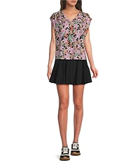 Kinesis Floral Print V-Neck Short Sleeve Shirred Shoulder Top