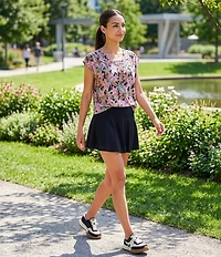 Kinesis Floral Print V-Neck Short Sleeve Shirred Shoulder Top