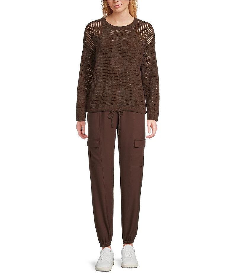 Kinesis Mesh Shoulder Tie Hem Crew Neck Long Sleeve Sweatshirt