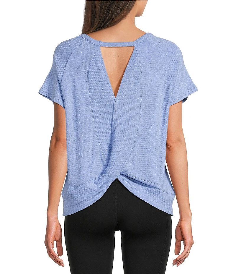 Kinesis Solid Crew Neck Short Sleeve Drape Back Top