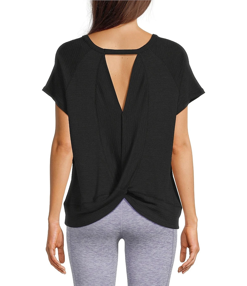 Kinesis Solid Crew Neck Short Sleeve Drape Back Top