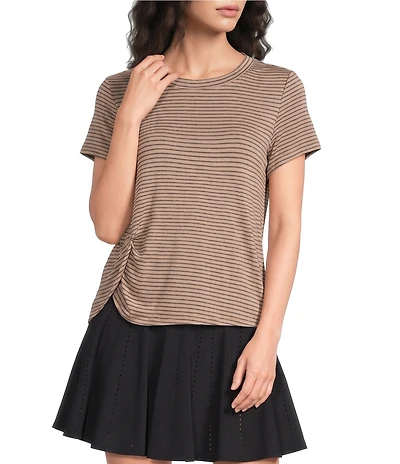 Kinesis Stripe Print Crew Neck Short Sleeve Ruched Detail Tee