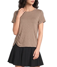 Kinesis Stripe Print Crew Neck Short Sleeve Ruched Detail Tee