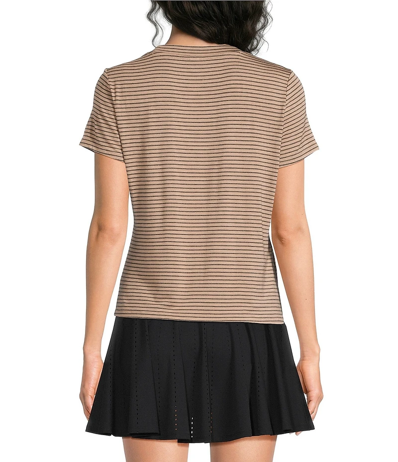 Kinesis Stripe Print Crew Neck Short Sleeve Ruched Detail Tee