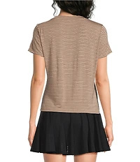 Kinesis Stripe Print Crew Neck Short Sleeve Ruched Detail Tee