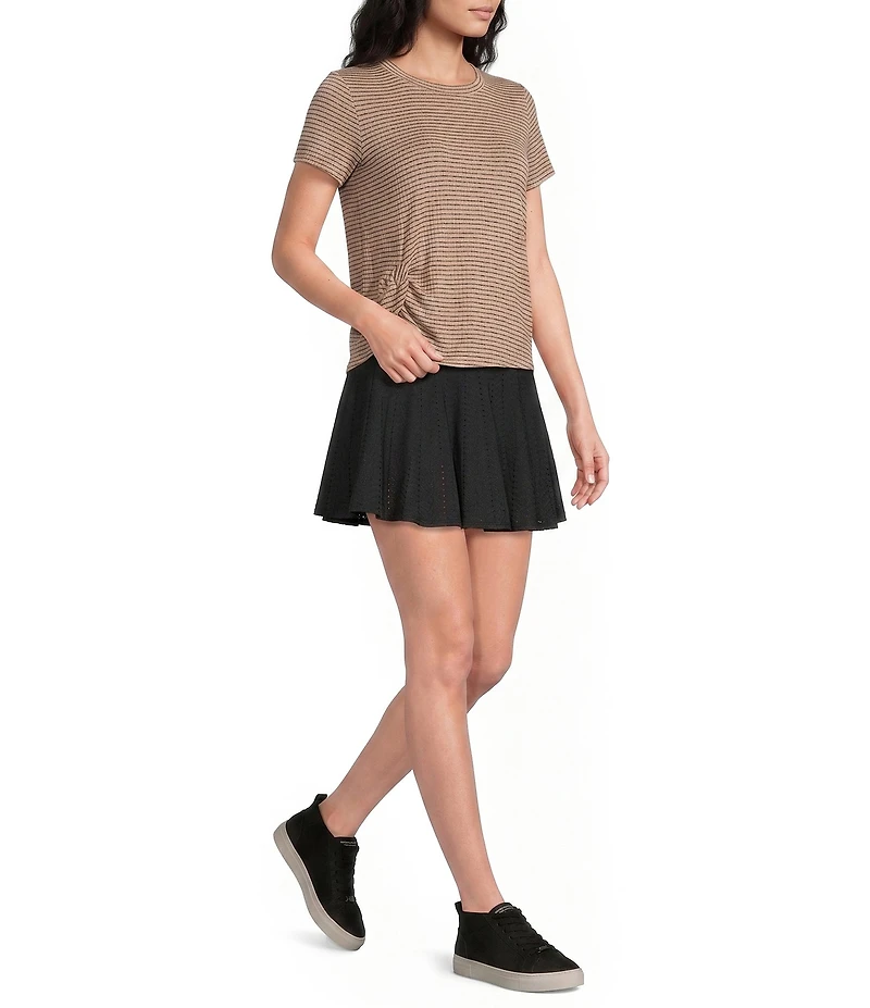 Kinesis Stripe Print Crew Neck Short Sleeve Ruched Detail Tee
